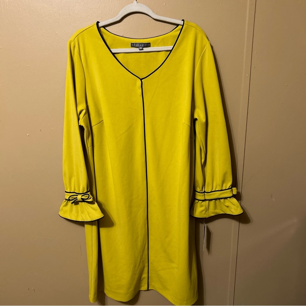 Sharagano Knee Length Dress Plus Size 18 18W NWT Yellow Green Black Trim Bows